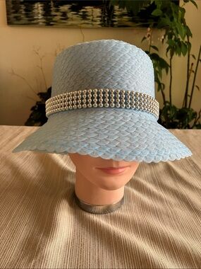 Light Blue Women's Wide-Brim Hat with Silver Beaded Band